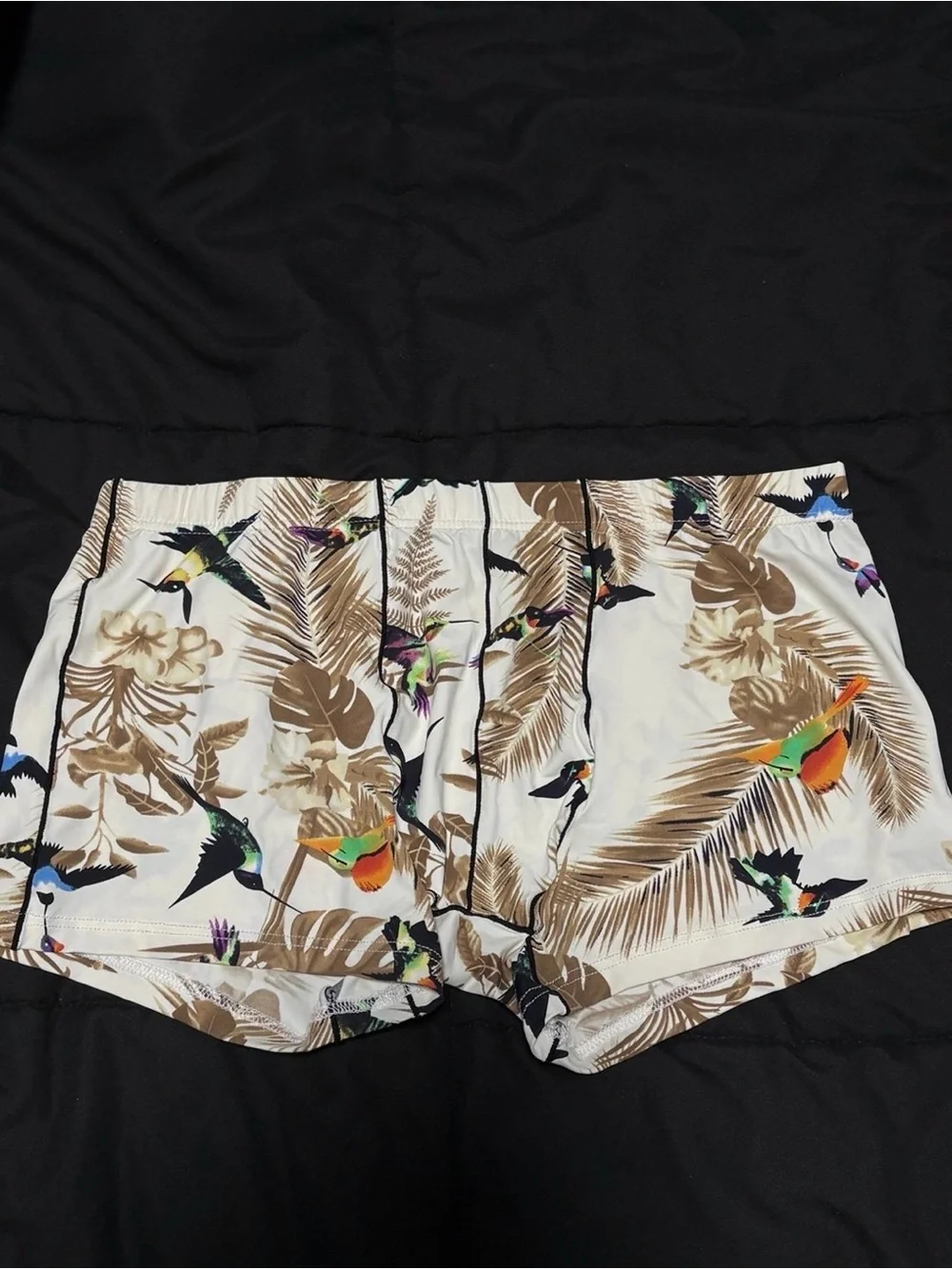 Tropical Bird Print Man’s Shorts - White & Brown